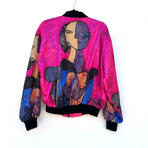 Vintage Picasso Art Bomber Jacket Bright Pink Sequins 1980s Festival Large - Picture 3 of 7